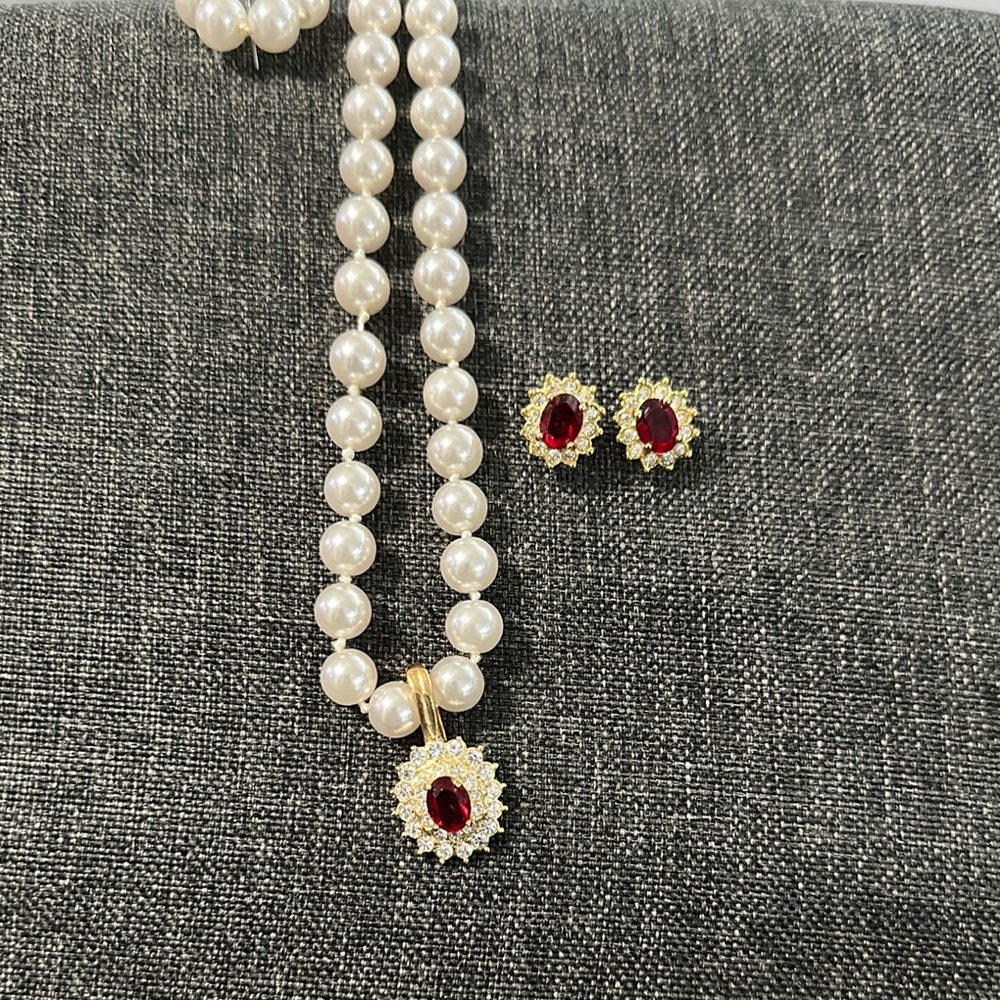 Elegant Pearl Necklace and Earring Set with Red Accents